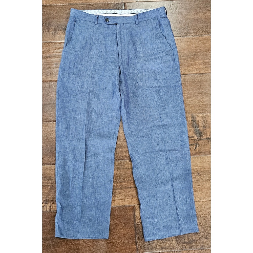 Preppy Golf Casual Mens Blue 100% Linen Gingham Pattern Trousers 36x30 Pants